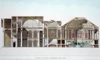 Querschnitt des Palais Academique in Gent, aus Choix des Monuments, Edifices et Maisons les plus remarquables du Royaume des Pays-Bas von Pierre Jacques Goetghebuer, graviert von L. Roelandt, veröffentlicht von Pierre Jacques after Goetghebuer